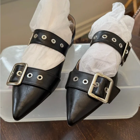 Vero Cuoio Black Leather Pointed Flats with Silver Buckles Made in Italy 9.5 - Picture 12 of 12